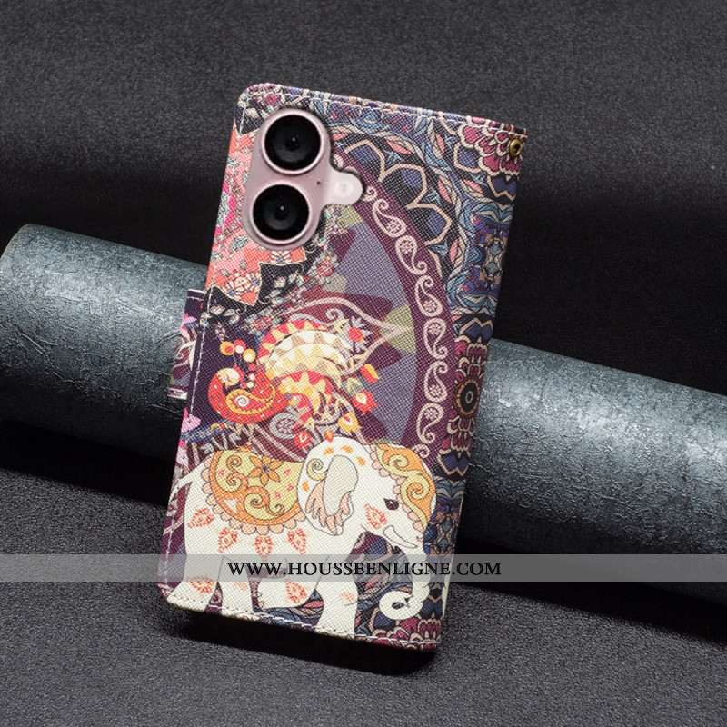 Housse iPhone 16 Plus Portefeuille Éléphant Tribal à Lanière