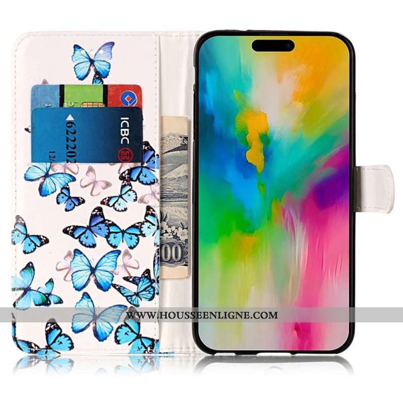 Housse iPhone 16 Plus Vol de Papillons Bleus