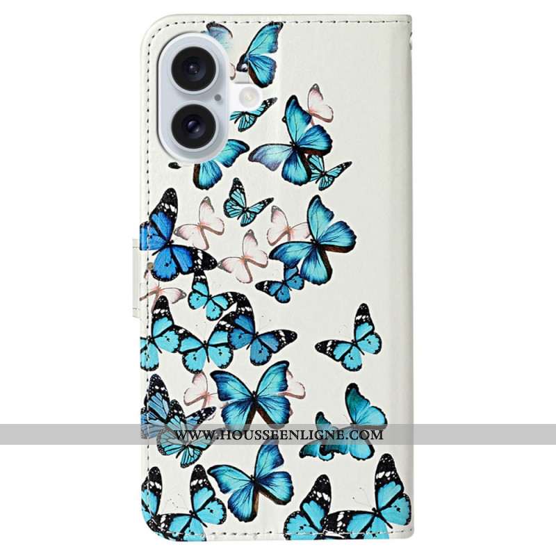 Housse iPhone 16 Plus Vol de Papillons Bleus