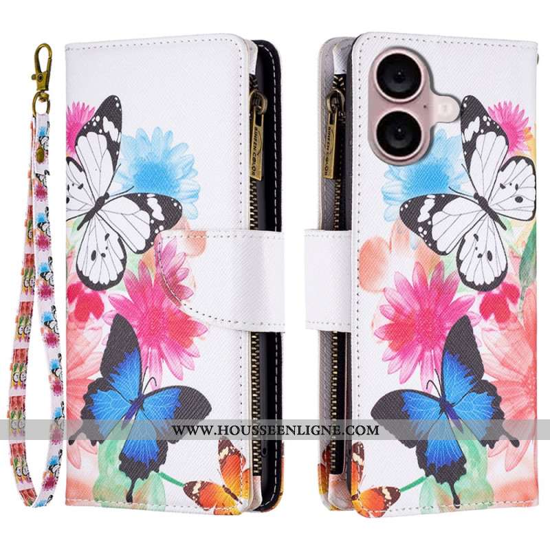 Housse iPhone 16 Portefeuille Deux Papillons