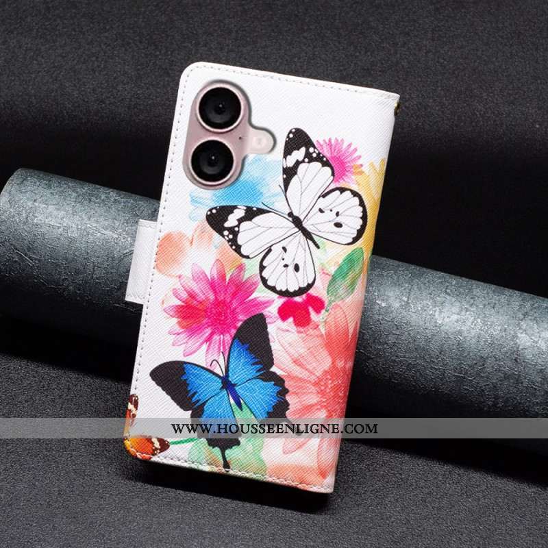 Housse iPhone 16 Portefeuille Deux Papillons