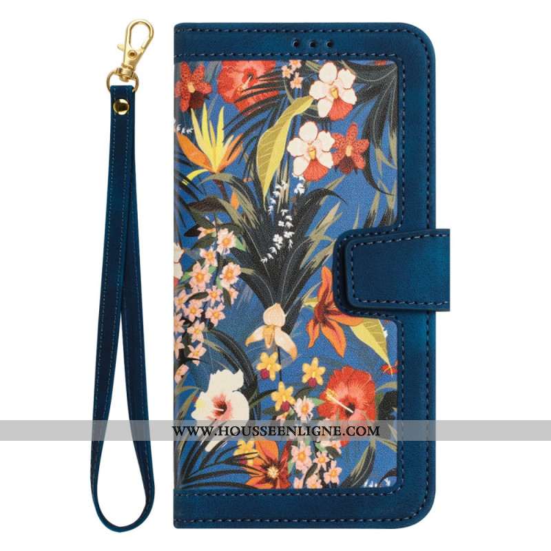 Housse iPhone 16 Portefeuille Motif Floral à Lanière