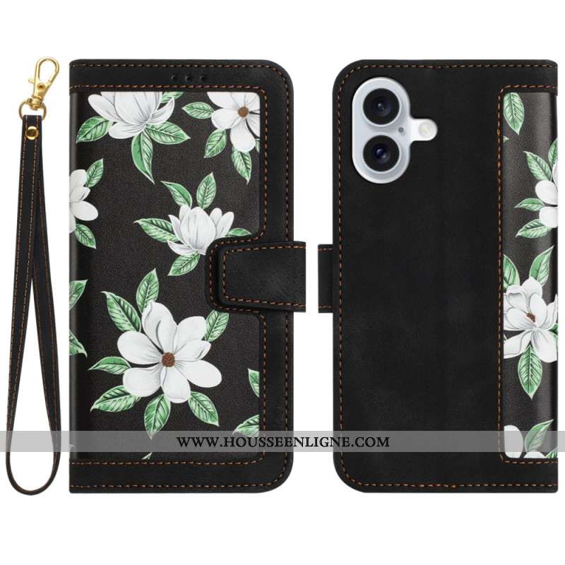 Housse iPhone 16 Portefeuille Motif Floral à Lanière