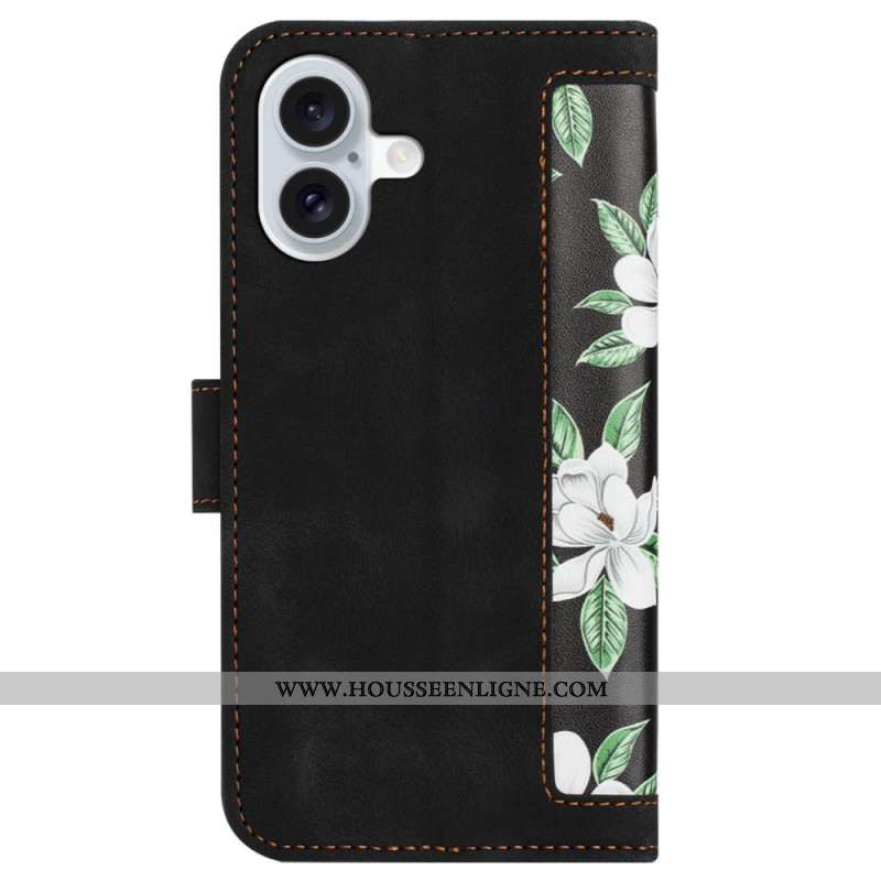 Housse iPhone 16 Portefeuille Motif Floral à Lanière