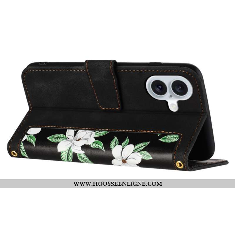 Housse iPhone 16 Portefeuille Motif Floral à Lanière