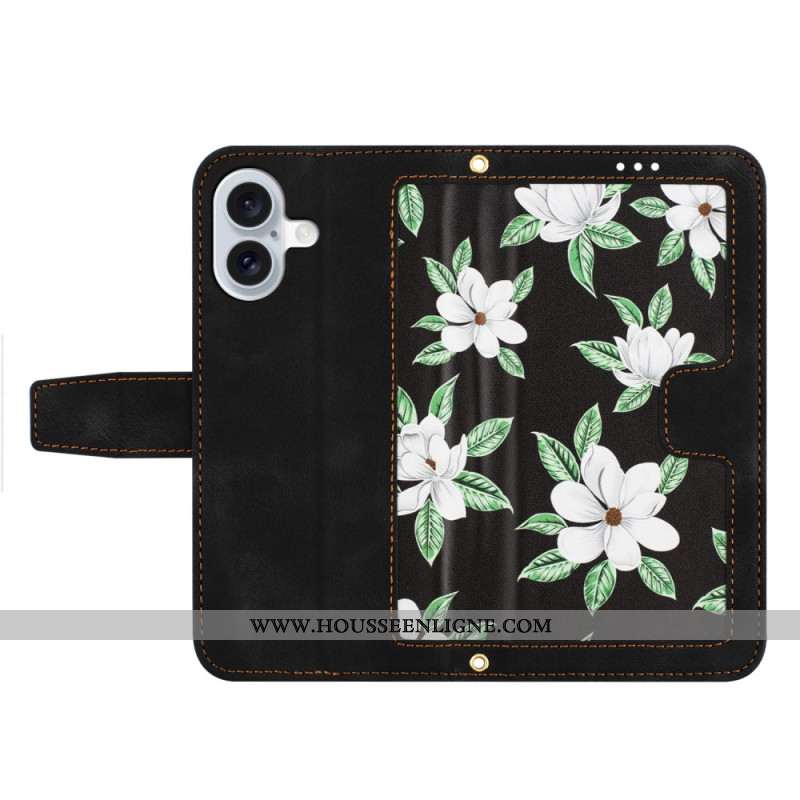 Housse iPhone 16 Portefeuille Motif Floral à Lanière