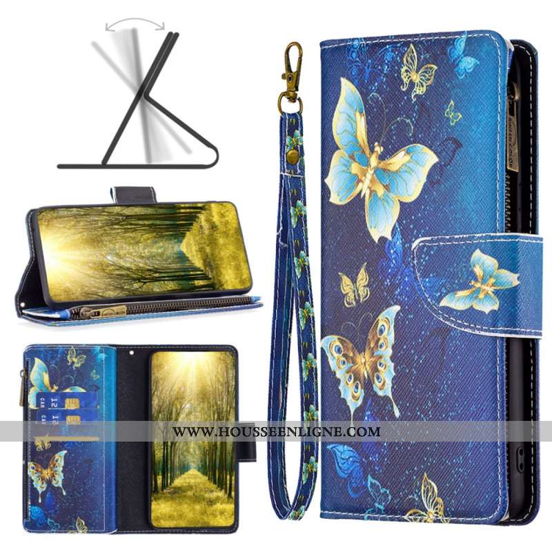 Housse iPhone 16 Portefeuille Papillons Dorés