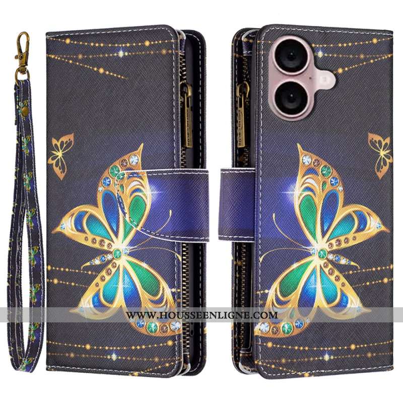 Housse iPhone 16 Portefeuille Papillons Précieux