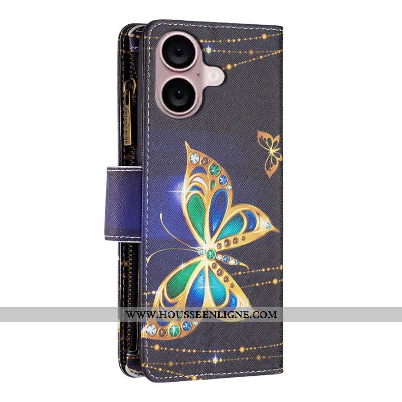 Housse iPhone 16 Portefeuille Papillons Précieux