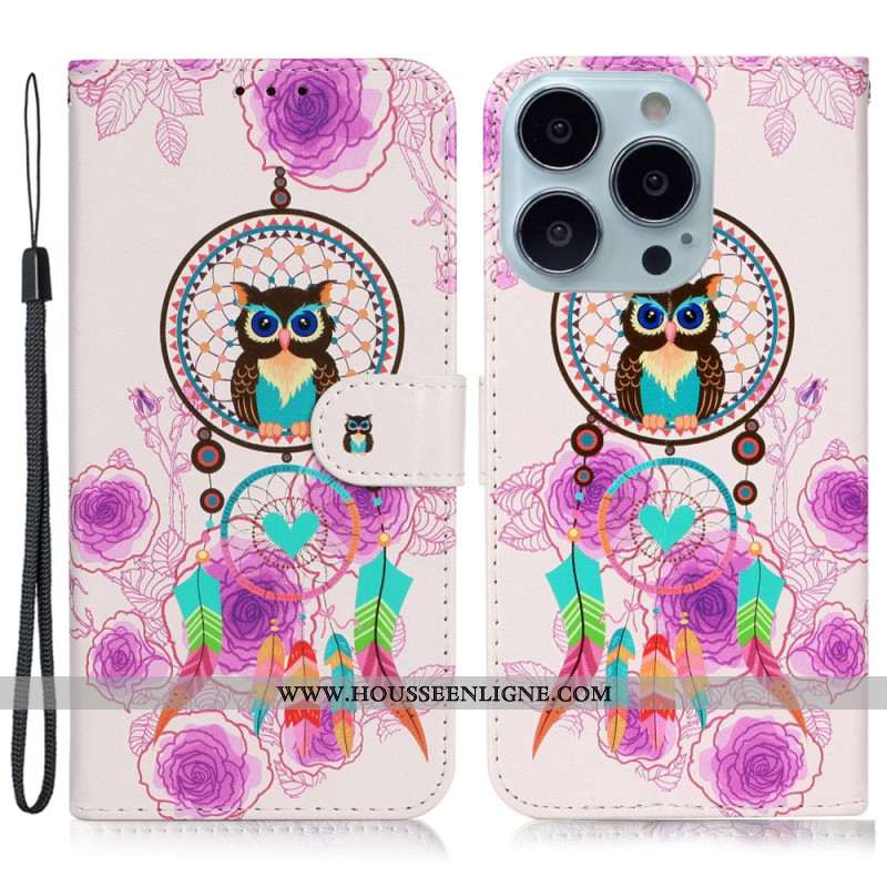 Housse iPhone 16 Pro Attrape Rêves Hibou à Lanière