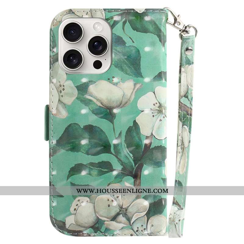 Housse iPhone 16 Pro Fleurs Aquarelle à Lanière