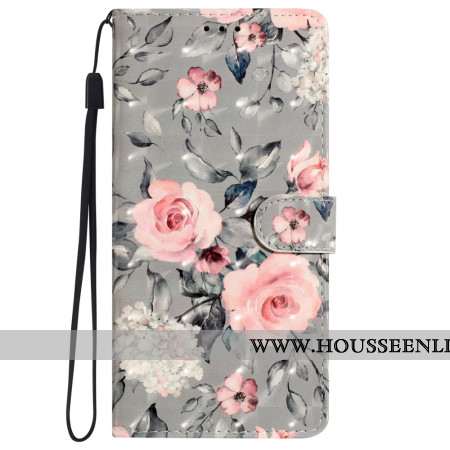 Housse iPhone 16 Pro Fleurs Roses sur Fond Gris à Lanière