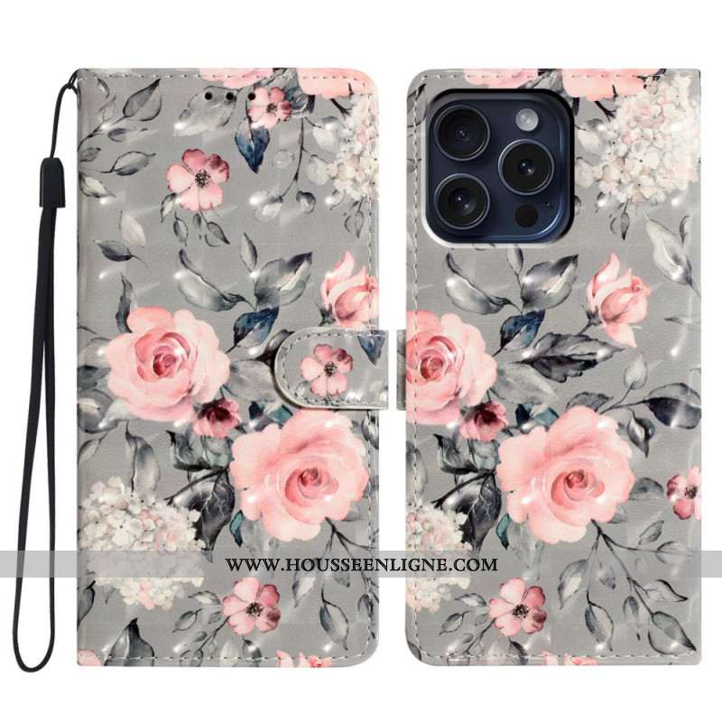 Housse iPhone 16 Pro Fleurs Roses sur Fond Gris à Lanière