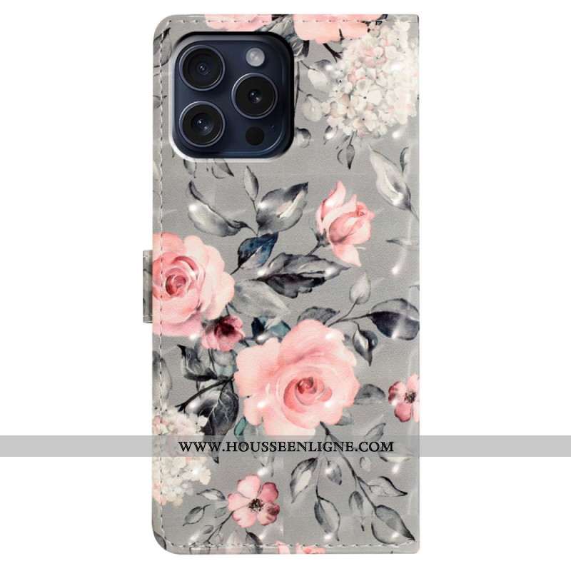 Housse iPhone 16 Pro Fleurs Roses sur Fond Gris à Lanière