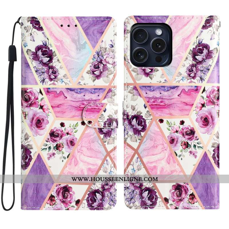 Housse iPhone 16 Pro Fleurs Violettes à Lanière