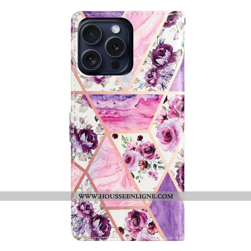 Housse iPhone 16 Pro Fleurs Violettes à Lanière