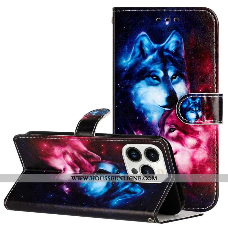 Housse iPhone 16 Pro Max Couple de Loups à Lanière