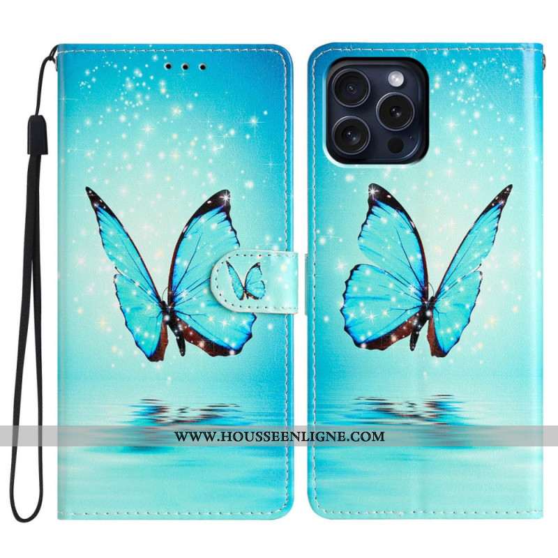 Housse iPhone 16 Pro Max Papillon Bleu sur l'Eau à Lanière