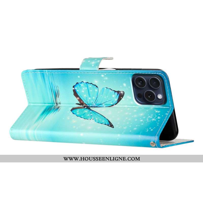 Housse iPhone 16 Pro Max Papillon Bleu sur l'Eau à Lanière