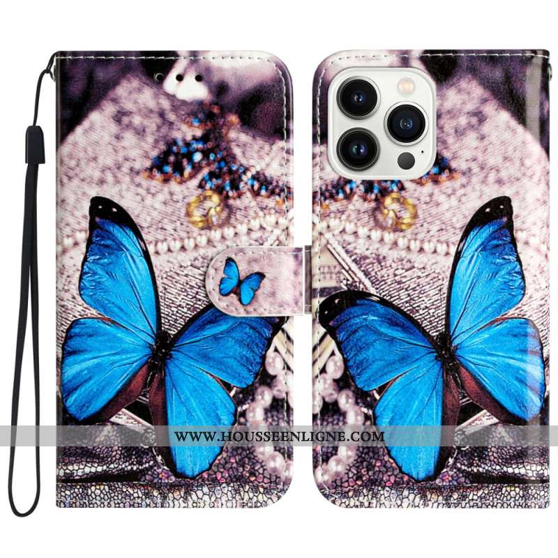 Housse iPhone 16 Pro Max Papillon Bleu à Lanière