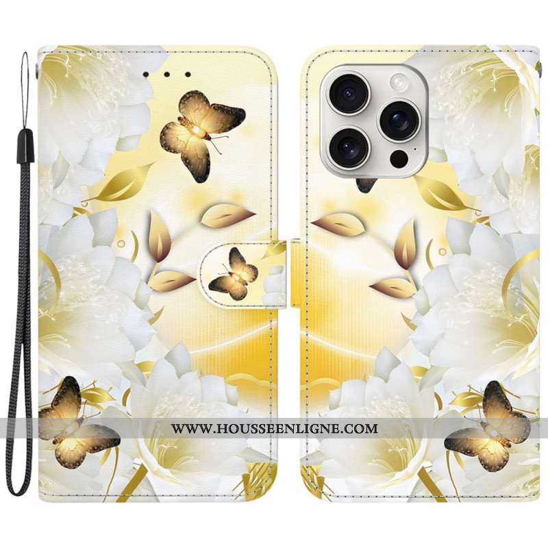 Housse iPhone 16 Pro Max Papillons Dorés et Fleurs à Lanière