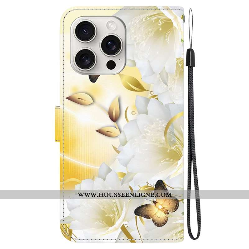 Housse iPhone 16 Pro Max Papillons Dorés et Fleurs à Lanière