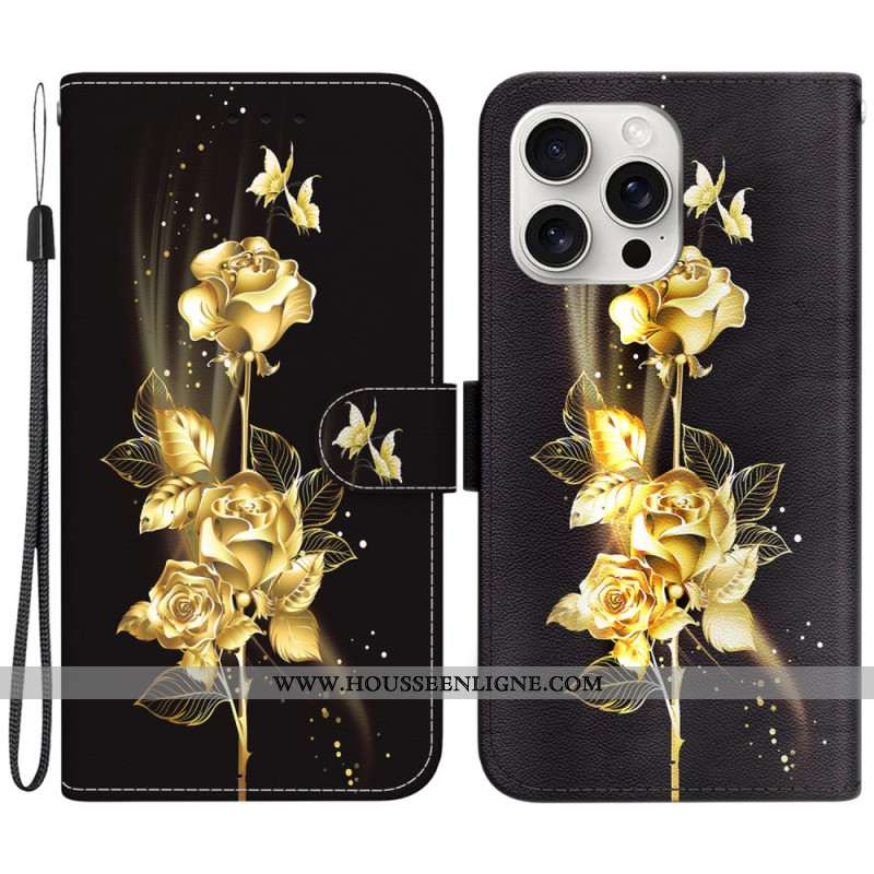 Housse iPhone 16 Pro Max Papillons Dorés et Roses à Lanière