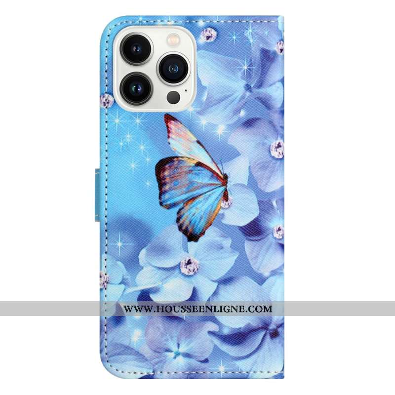 Housse iPhone 16 Pro Max Papillons et Diamants à Lanière