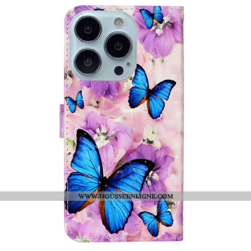 Housse iPhone 16 Pro Max Papillons et Fleurs Pourpres à Lanière