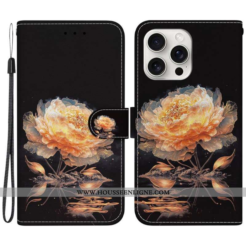 Housse iPhone 16 Pro Max Pivoine Dorée à Lanière