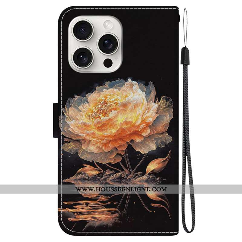 Housse iPhone 16 Pro Max Pivoine Dorée à Lanière