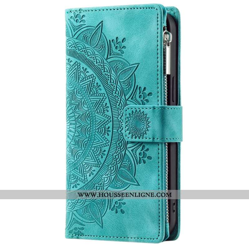 Housse iPhone 16 Pro Max Portefeuille Effet Daim Mandala