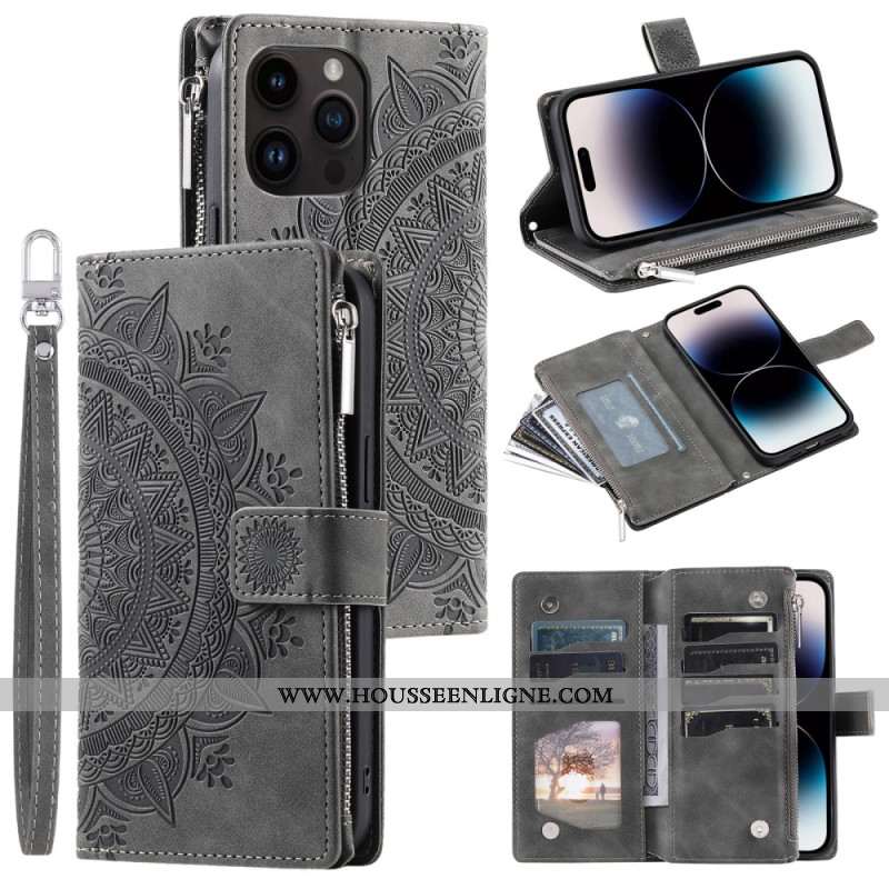 Housse iPhone 16 Pro Max Portefeuille Effet Daim Mandala