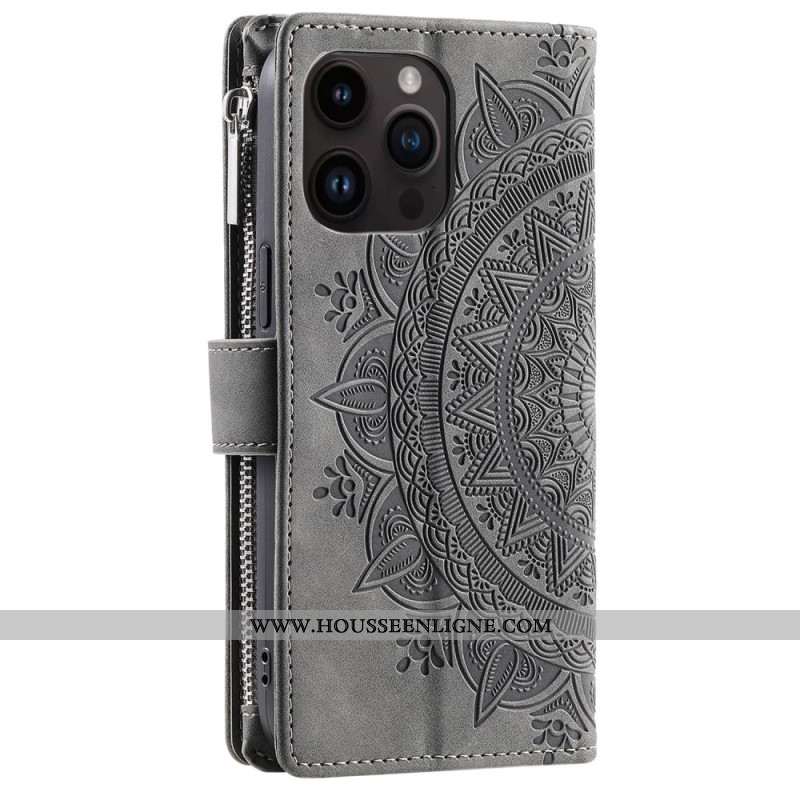 Housse iPhone 16 Pro Max Portefeuille Effet Daim Mandala