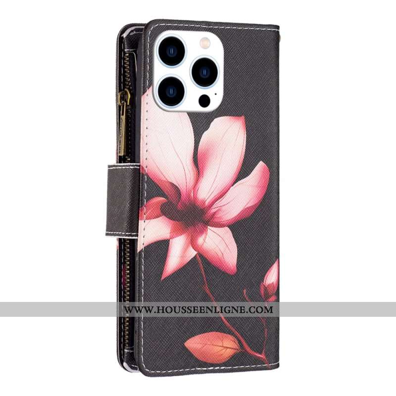 Housse iPhone 16 Pro Max Portefeuille Fleur Rose sur Fond Noir