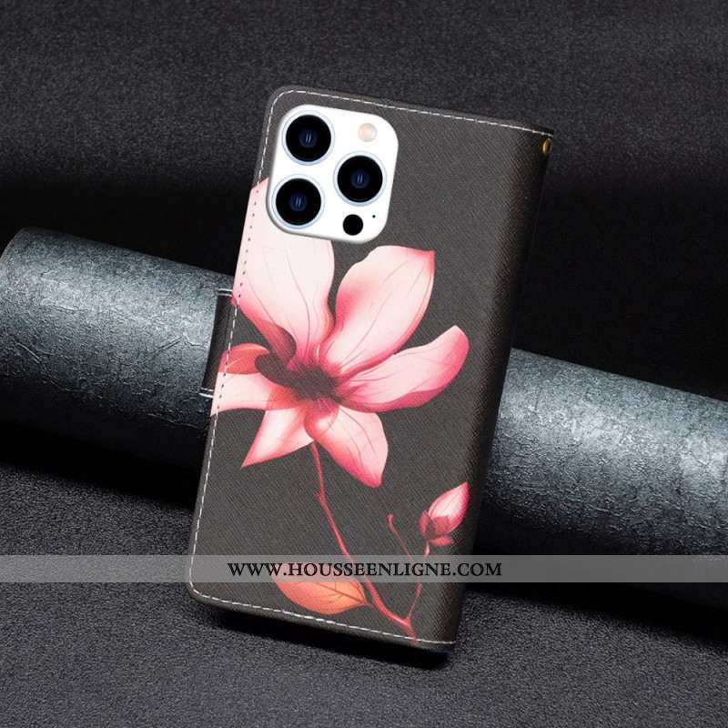 Housse iPhone 16 Pro Max Portefeuille Fleur Rose sur Fond Noir