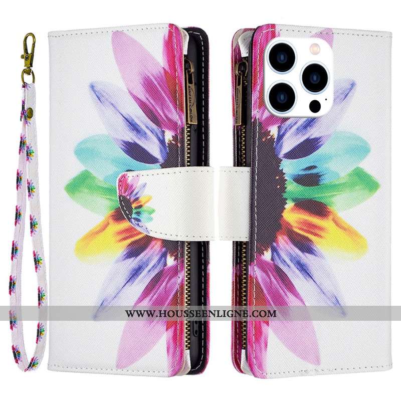 Housse iPhone 16 Pro Max Portefeuille Fleur à Lanière