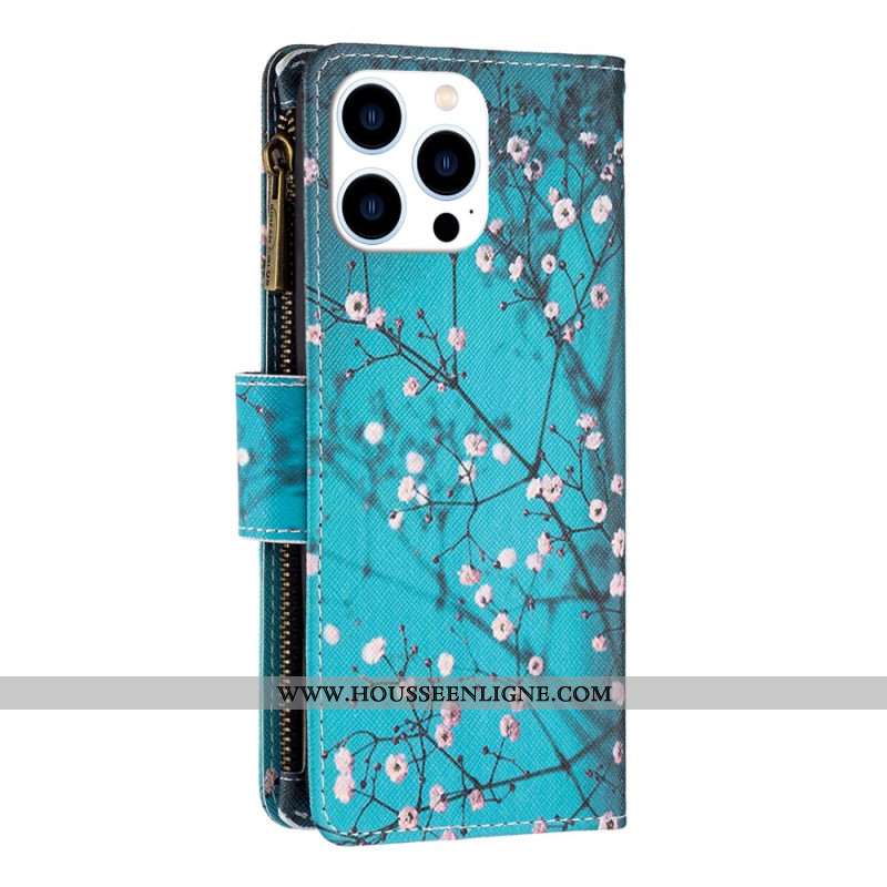 Housse iPhone 16 Pro Max Portefeuille Fleurs de Prunier à Lanière