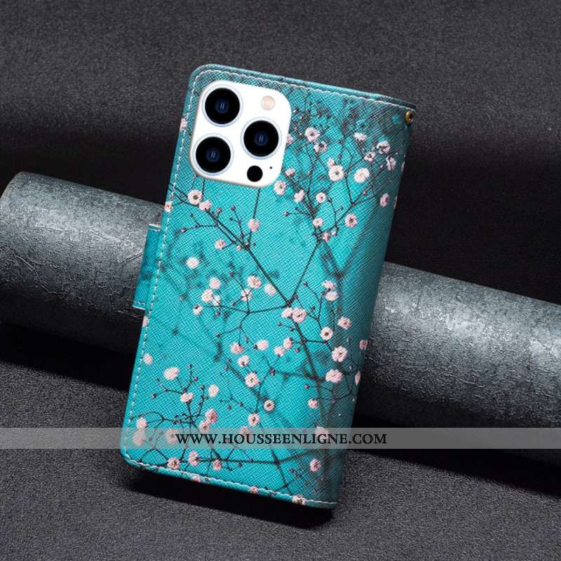 Housse iPhone 16 Pro Max Portefeuille Fleurs de Prunier à Lanière