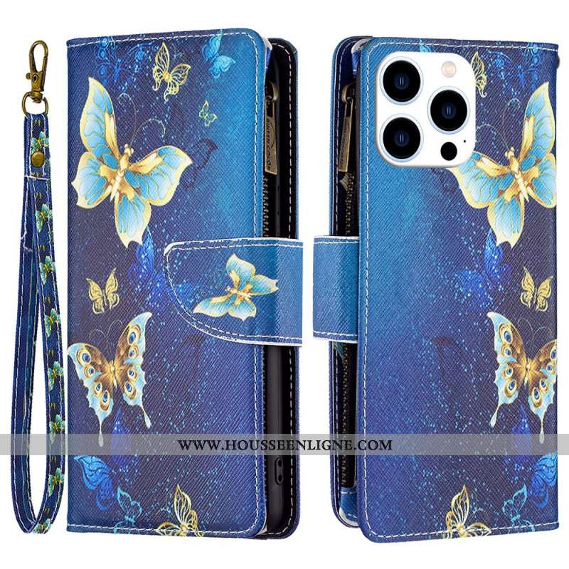 Housse iPhone 16 Pro Max Portefeuille Papillons Dorés