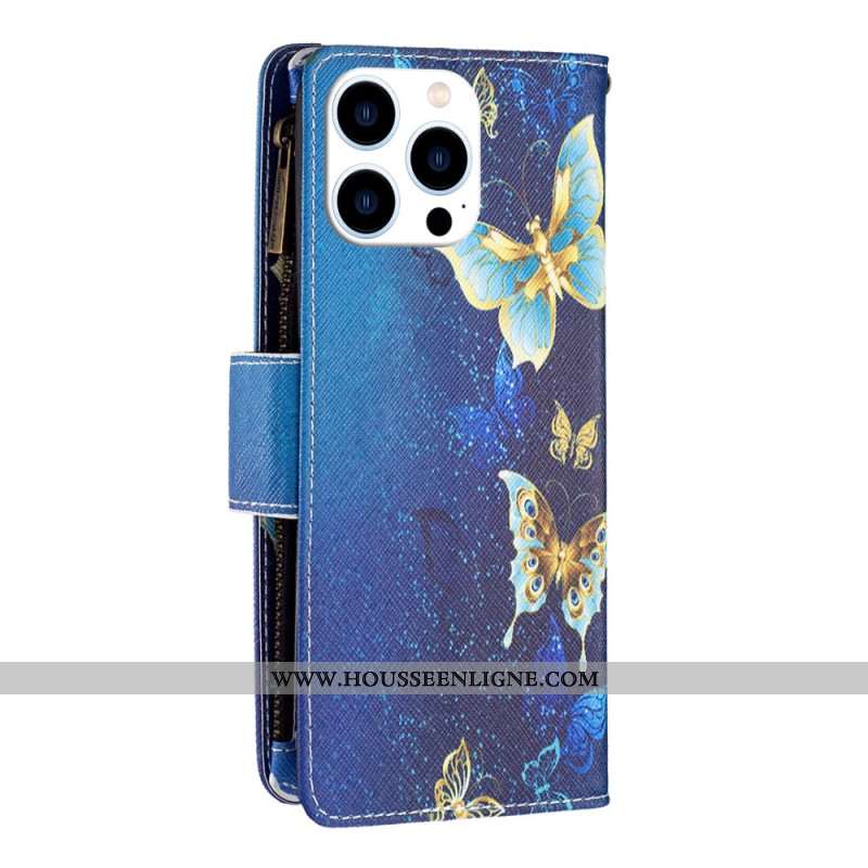 Housse iPhone 16 Pro Max Portefeuille Papillons Dorés