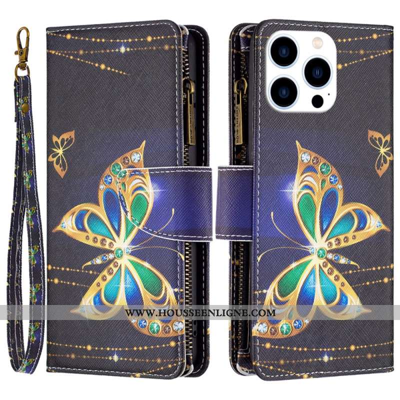 Housse iPhone 16 Pro Max Portefeuille Papillons Strass