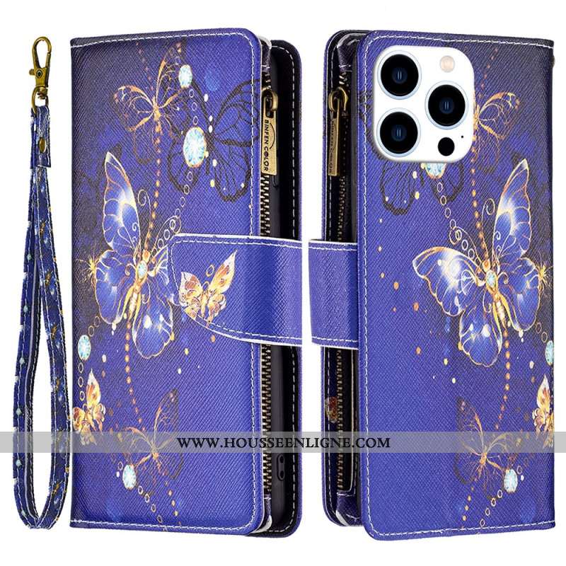 Housse iPhone 16 Pro Max Portefeuille Papillons Violets à Lanière