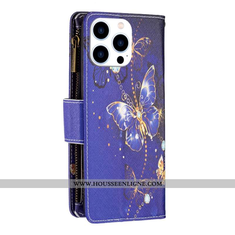 Housse iPhone 16 Pro Max Portefeuille Papillons Violets à Lanière