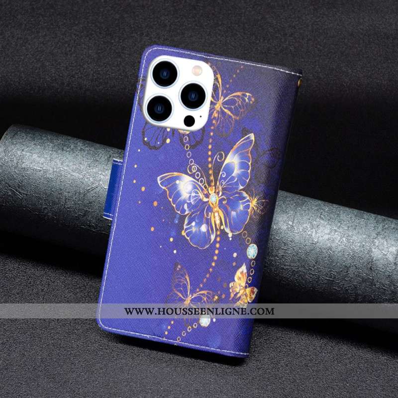 Housse iPhone 16 Pro Max Portefeuille Papillons Violets à Lanière