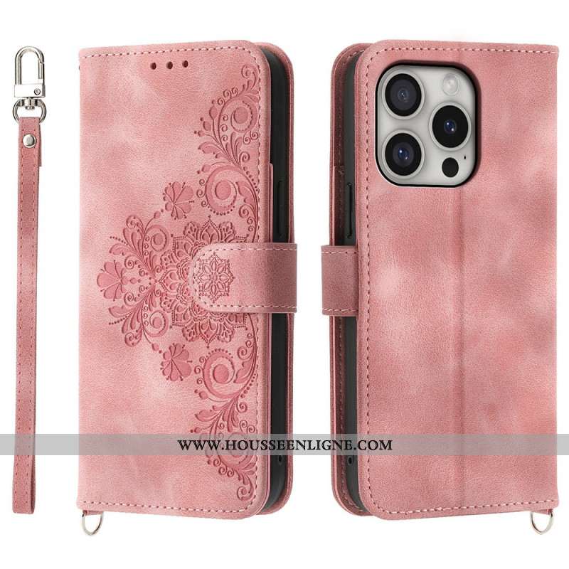 Housse iPhone 16 Pro Motif Dentelle à Lanière et Bandoulière