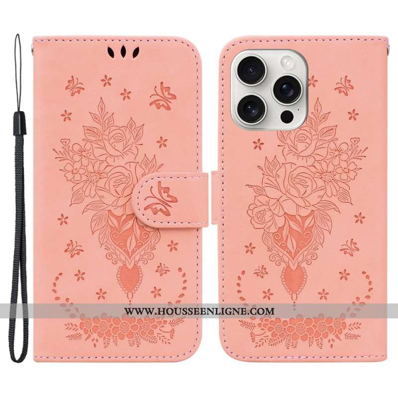 Housse iPhone 16 Pro Motif Roses à Lanière