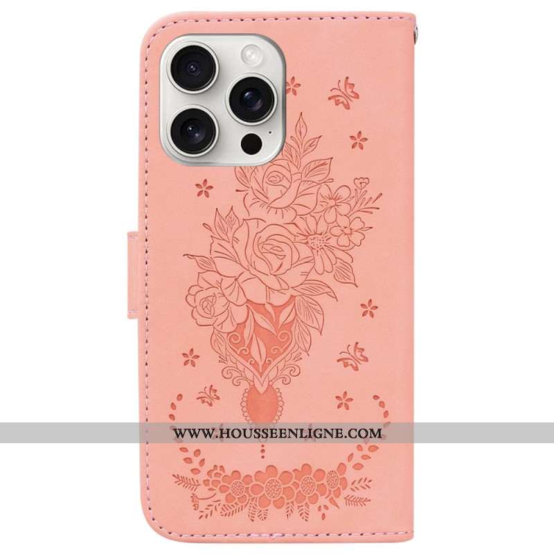 Housse iPhone 16 Pro Motif Roses à Lanière