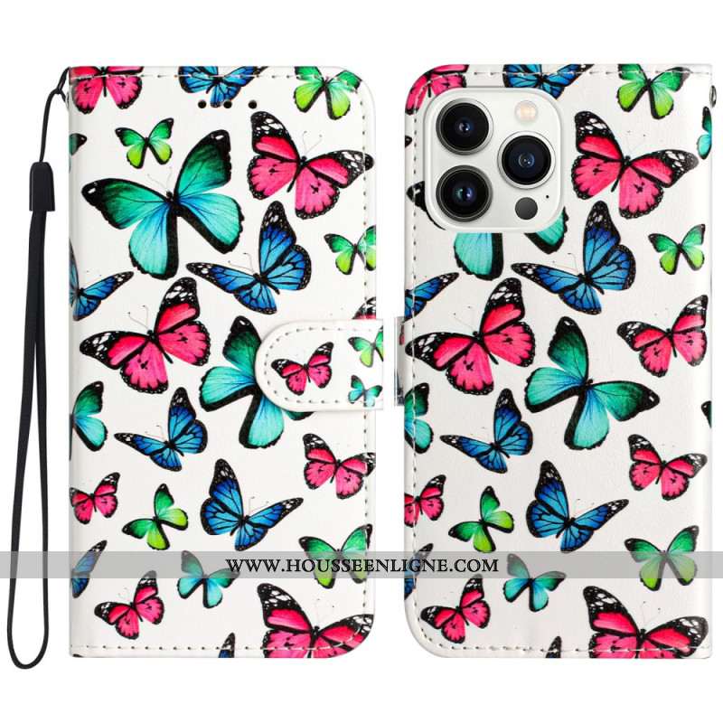 Housse iPhone 16 Pro Papillons Colorés à Lanière