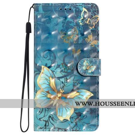 Housse iPhone 16 Pro Papillons Verts et Or à Lanière